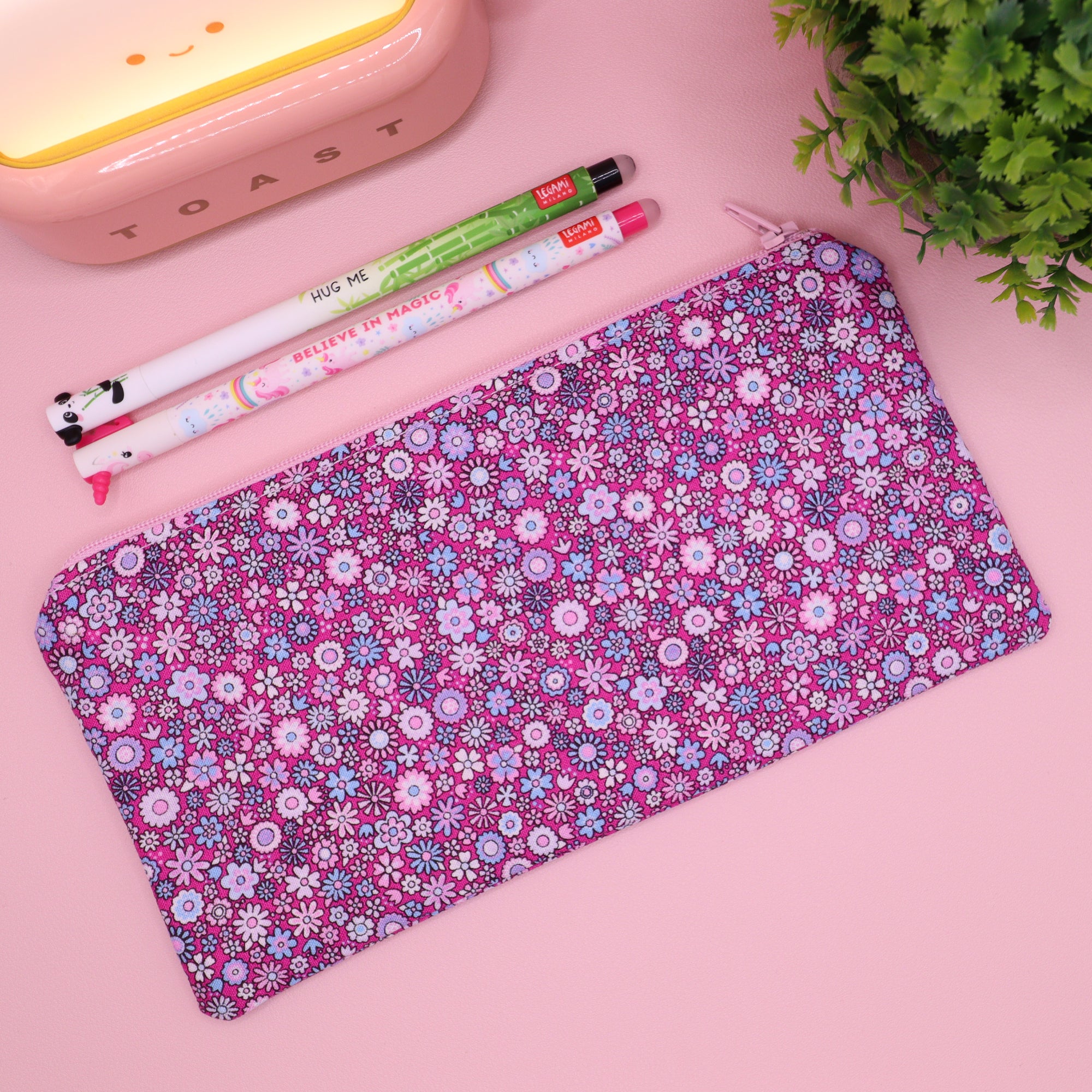 Purple Retro Floral Zip Pencil Case