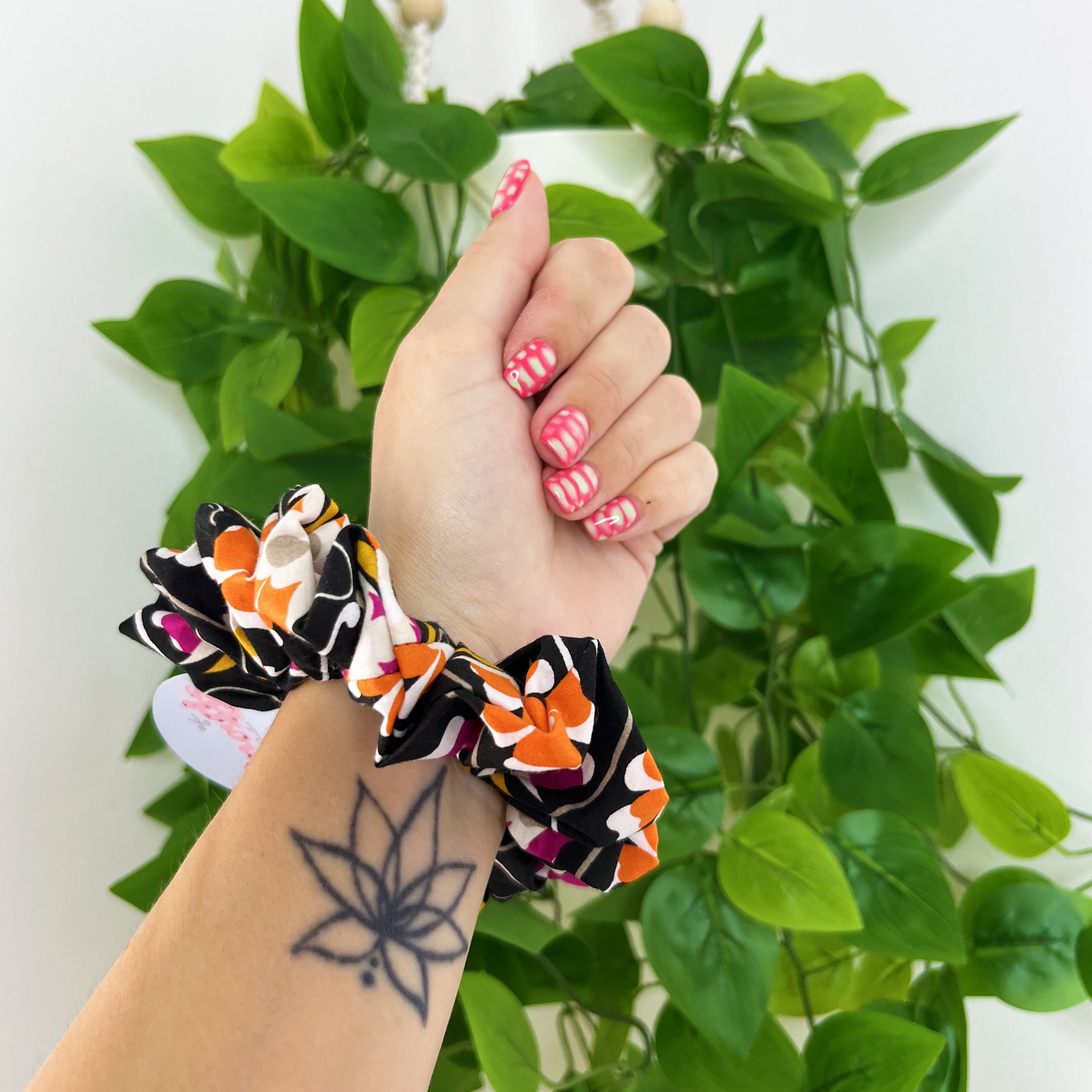 Black Multicolour Flower Scrunchie