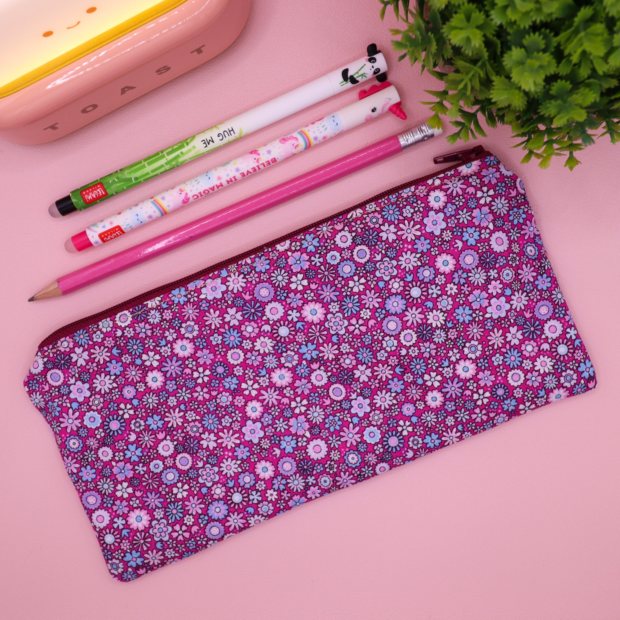 Purple Flower Print Zip Pencil Case