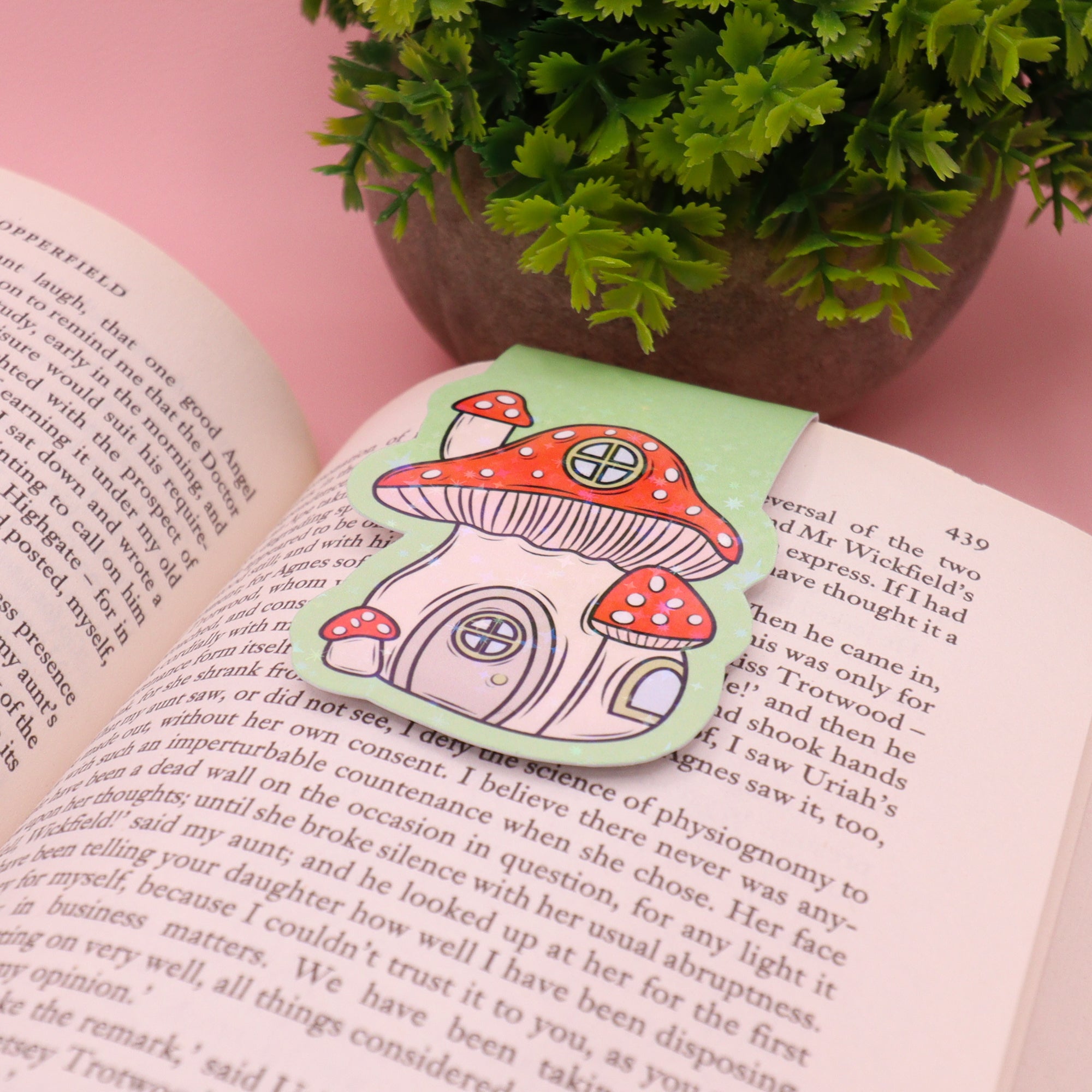 Sparkly Mushroom Cottage Magnetic Bookmark